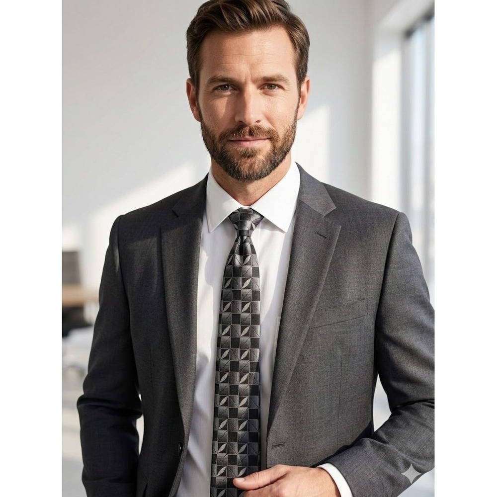 Stafford Men's One Size Executive Black Gray Geometric Pattern Silk Tie Wedding